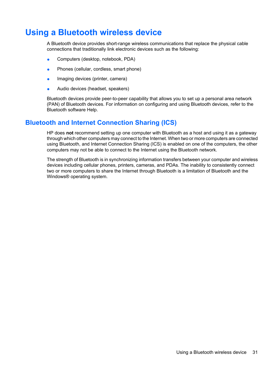 Using a bluetooth wireless device, Bluetooth and internet connection sharing (ics) | HP ProBook 6440b Notebook-PC User Manual | Page 41 / 183