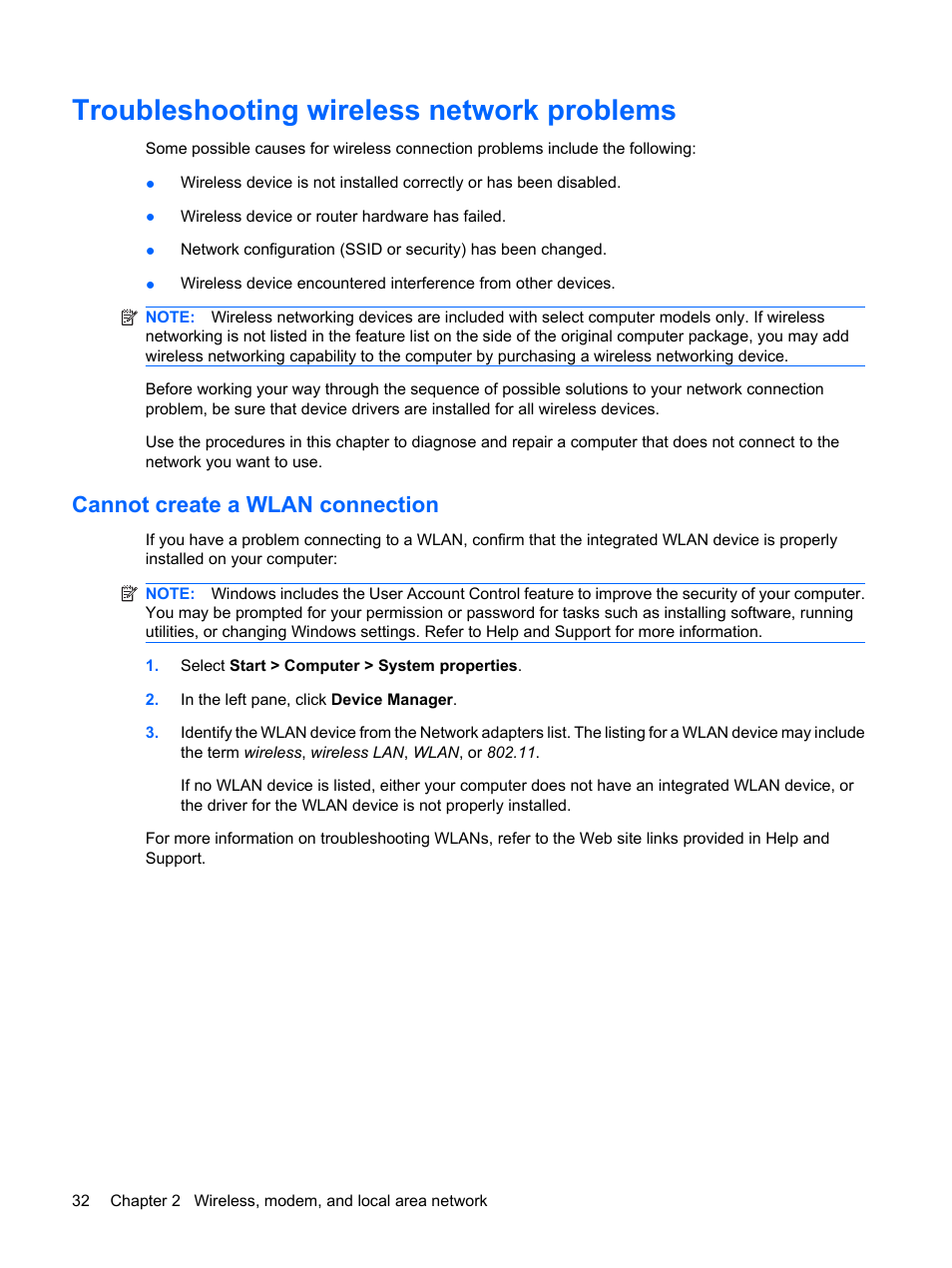 Troubleshooting wireless network problems, Cannot create a wlan connection | HP ProBook 6440b Notebook-PC User Manual | Page 42 / 183
