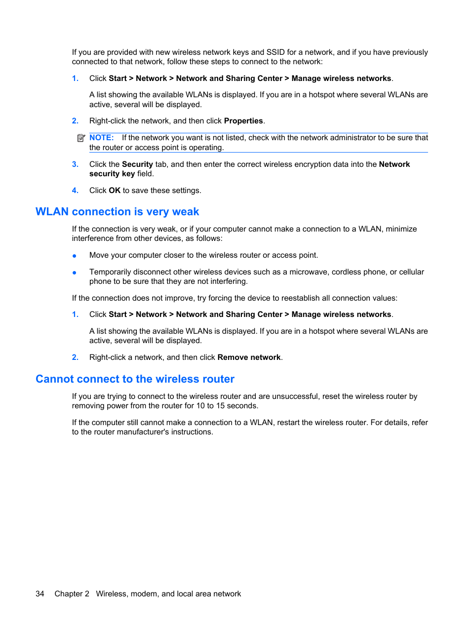 Wlan connection is very weak, Cannot connect to the wireless router | HP ProBook 6440b Notebook-PC User Manual | Page 44 / 183