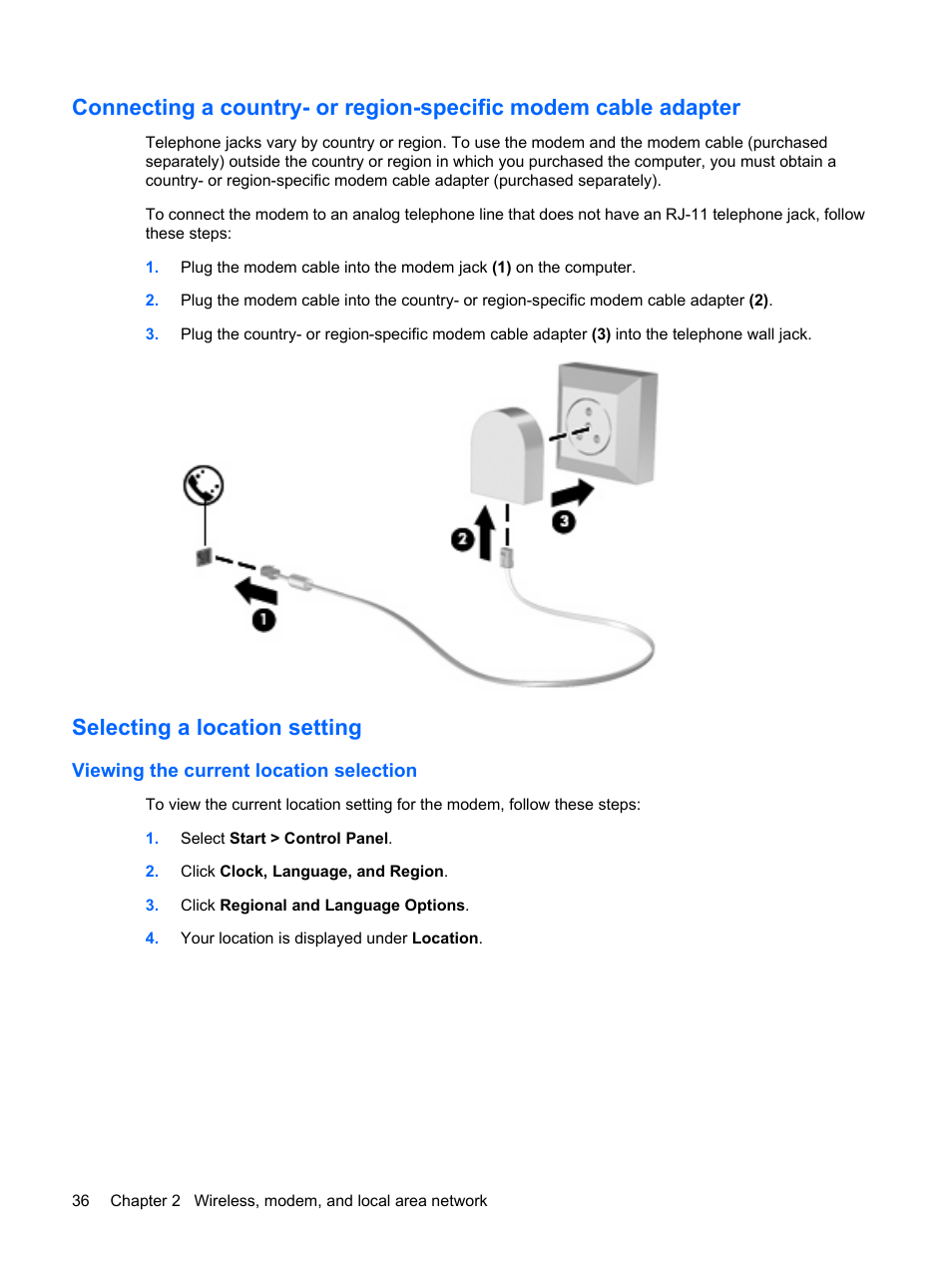 Selecting a location setting, Viewing the current location selection | HP ProBook 6440b Notebook-PC User Manual | Page 46 / 183