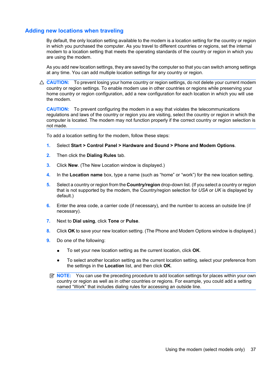 Adding new locations when traveling | HP ProBook 6440b Notebook-PC User Manual | Page 47 / 183