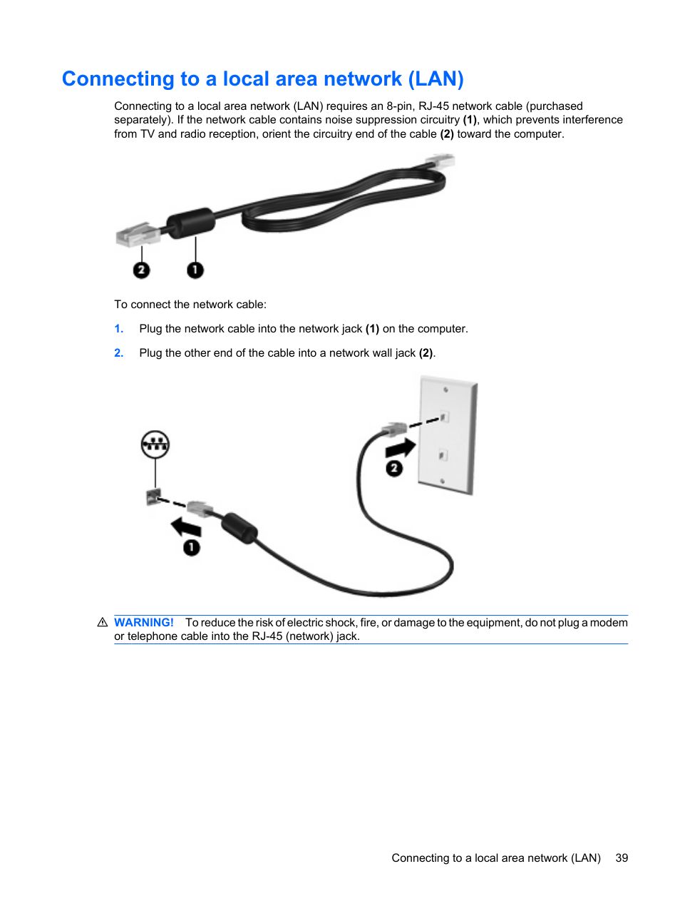 Connecting to a local area network (lan) | HP ProBook 6440b Notebook-PC User Manual | Page 49 / 183