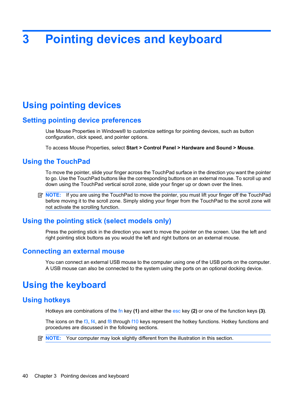 Pointing devices and keyboard, Using pointing devices, Setting pointing device preferences | Using the touchpad, Using the pointing stick (select models only), Connecting an external mouse, Using the keyboard, Using hotkeys, 3 pointing devices and keyboard, 3pointing devices and keyboard | HP ProBook 6440b Notebook-PC User Manual | Page 50 / 183