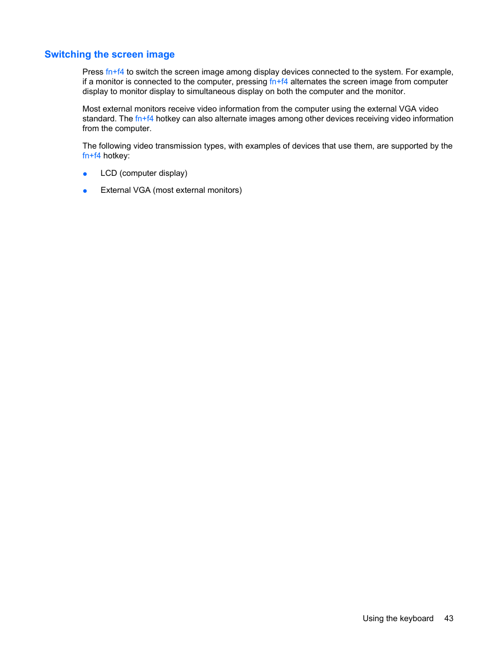 Switching the screen image | HP ProBook 6440b Notebook-PC User Manual | Page 53 / 183