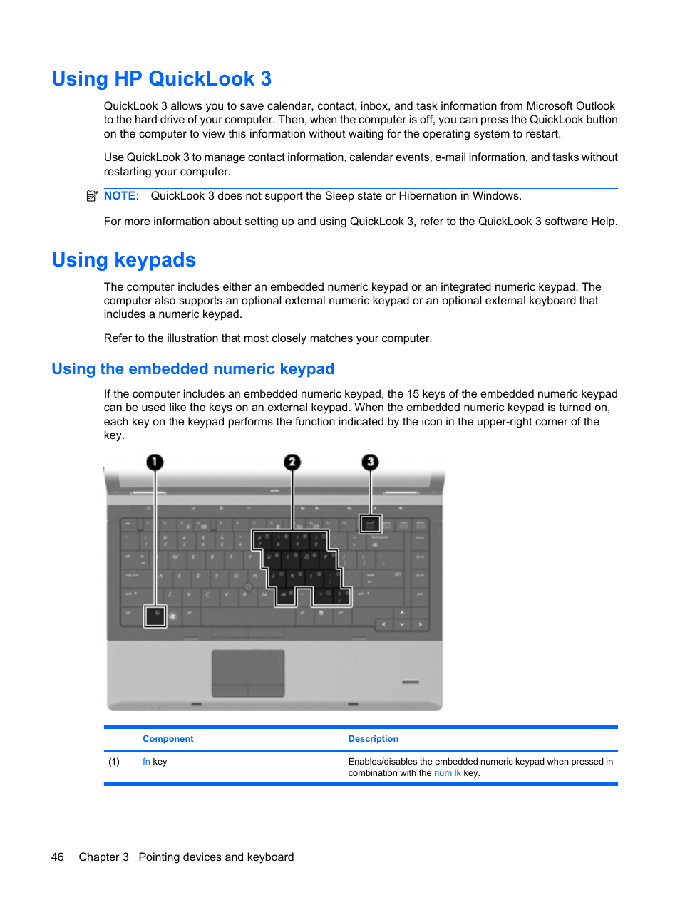 Using hp quicklook 3, Using keypads, Using the embedded numeric keypad | Using hp quicklook 3 using keypads | HP ProBook 6440b Notebook-PC User Manual | Page 56 / 183