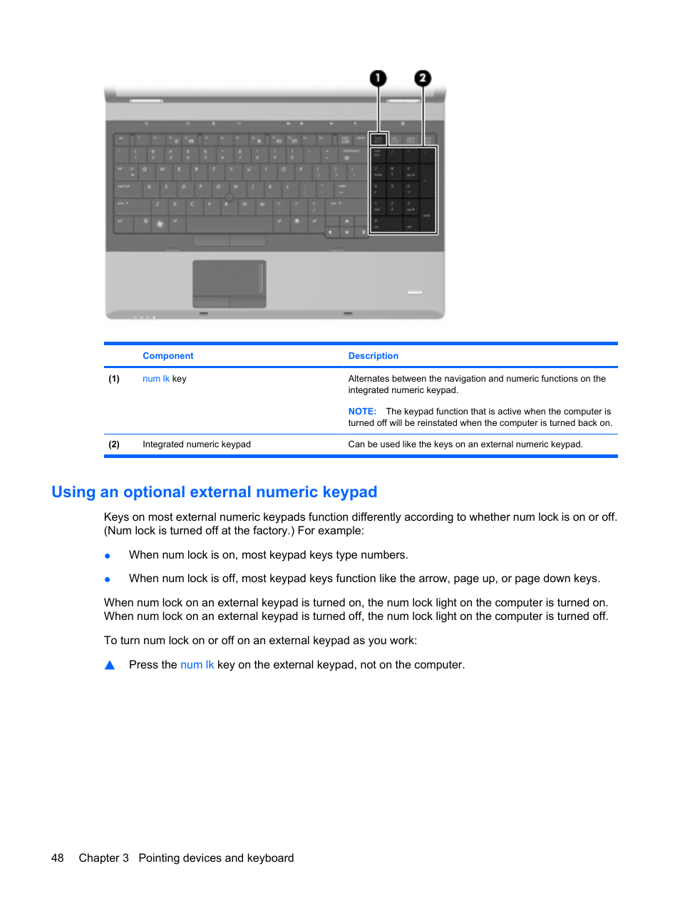 Using an optional external numeric keypad | HP ProBook 6440b Notebook-PC User Manual | Page 58 / 183