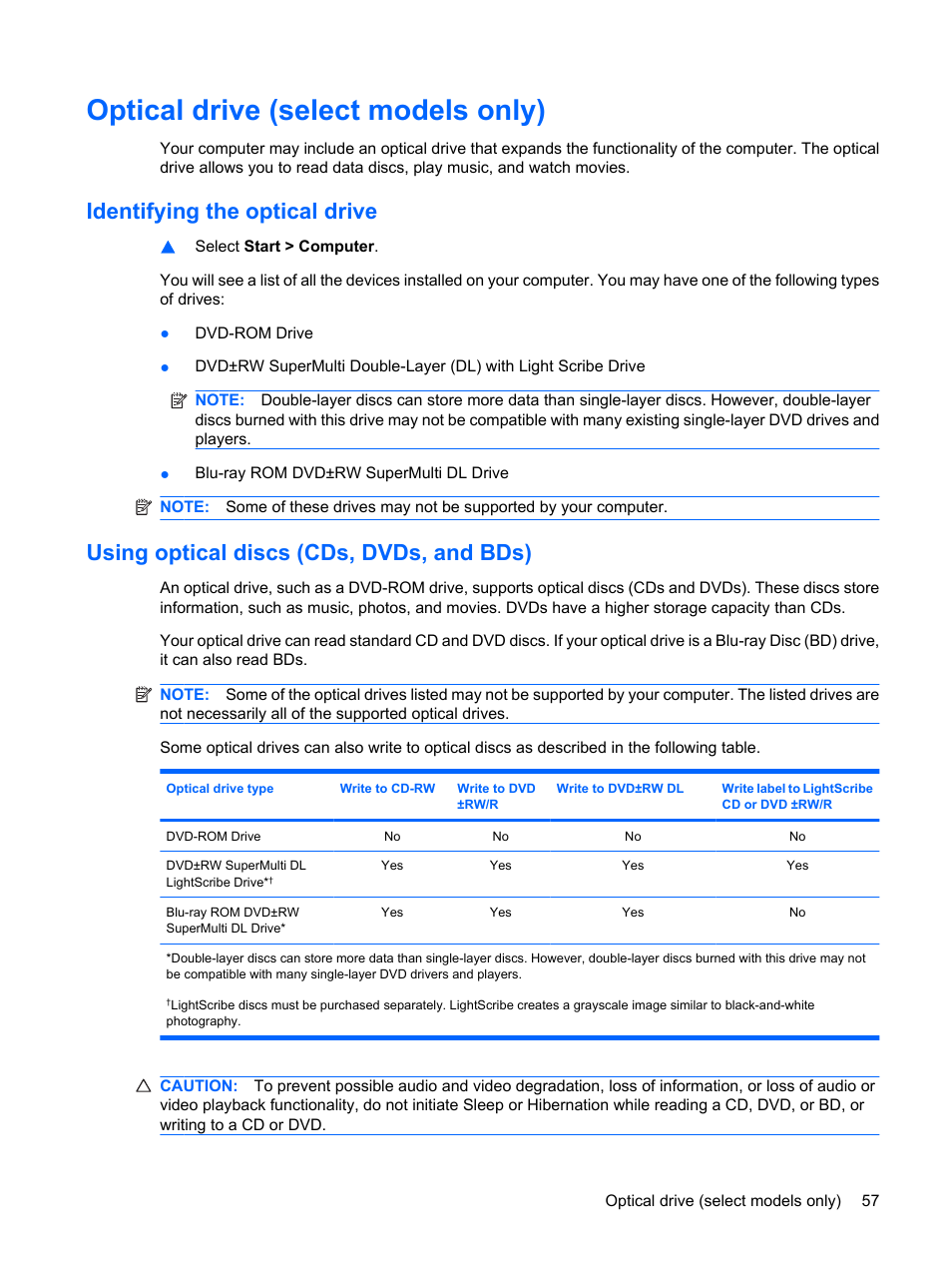 Optical drive (select models only), Identifying the optical drive, Using optical discs (cds, dvds, and bds) | HP ProBook 6440b Notebook-PC User Manual | Page 67 / 183