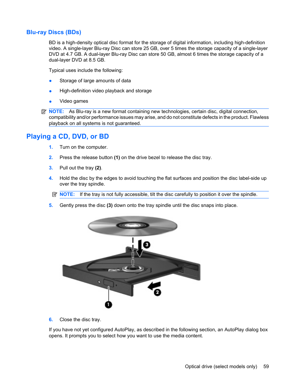 Blu-ray discs (bds), Playing a cd, dvd, or bd | HP ProBook 6440b Notebook-PC User Manual | Page 69 / 183