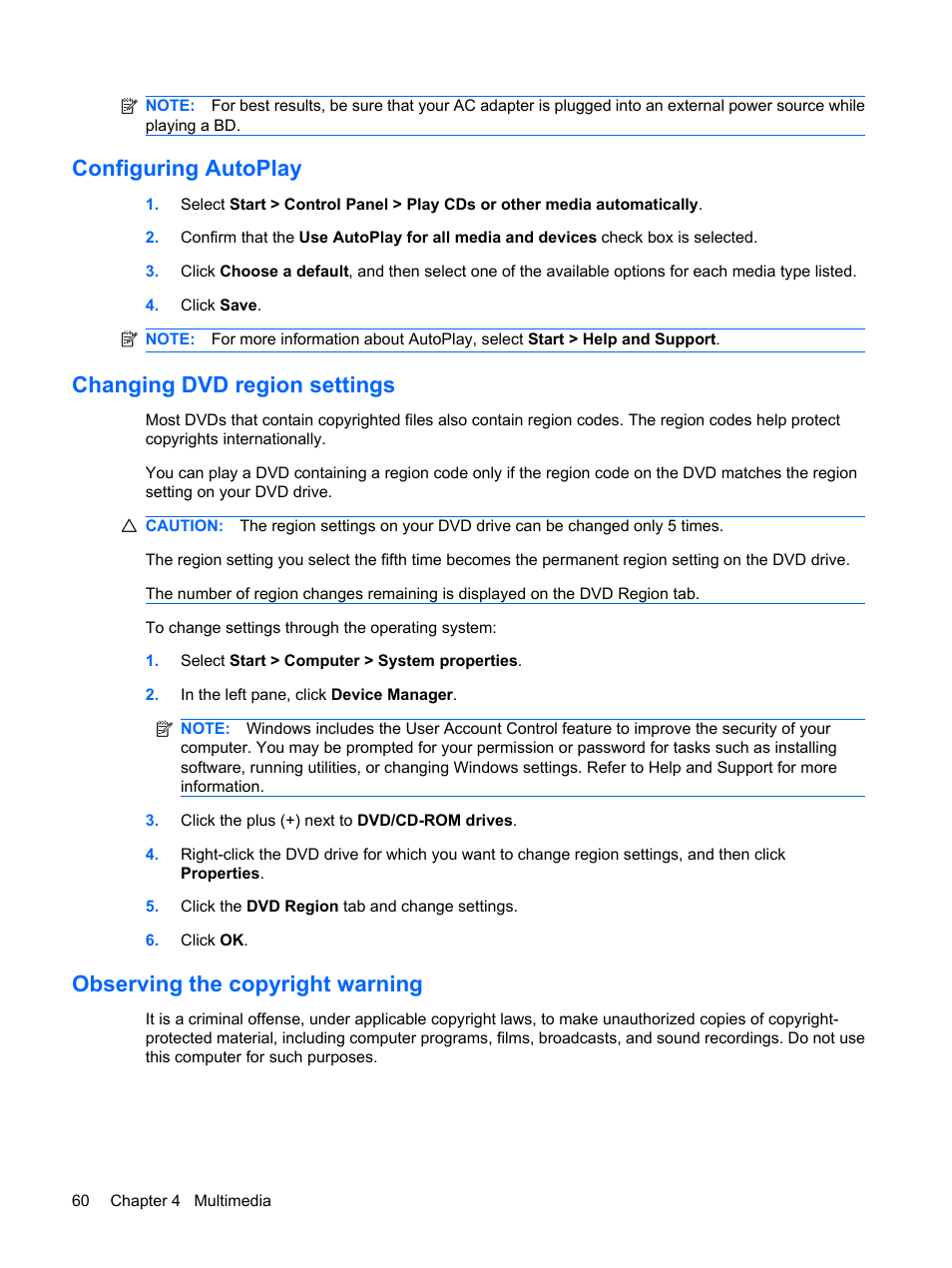 Configuring autoplay, Changing dvd region settings, Observing the copyright warning | HP ProBook 6440b Notebook-PC User Manual | Page 70 / 183
