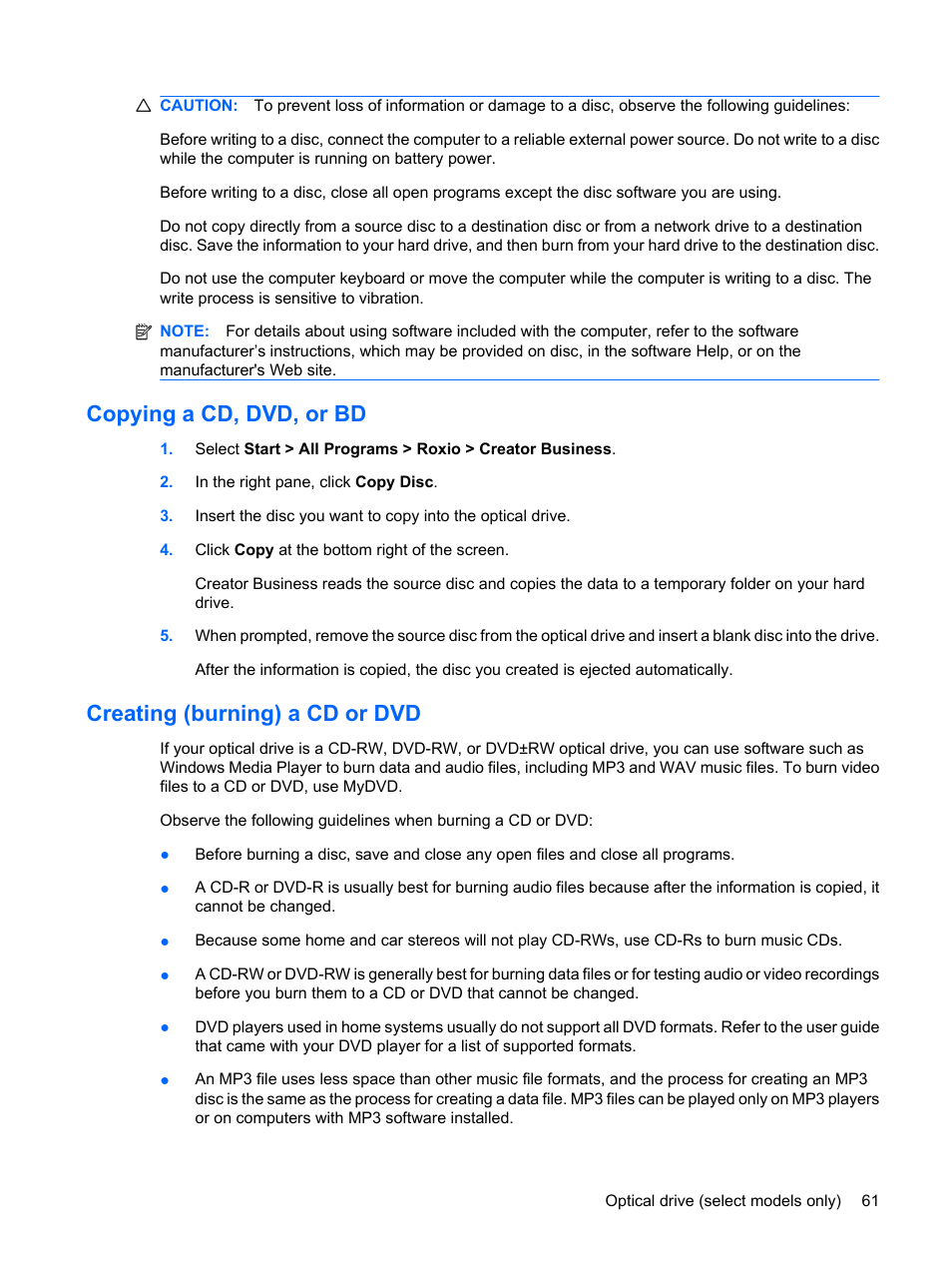 Copying a cd, dvd, or bd, Creating (burning) a cd or dvd | HP ProBook 6440b Notebook-PC User Manual | Page 71 / 183