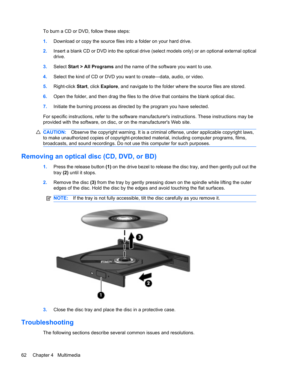 Removing an optical disc (cd, dvd, or bd), Troubleshooting | HP ProBook 6440b Notebook-PC User Manual | Page 72 / 183