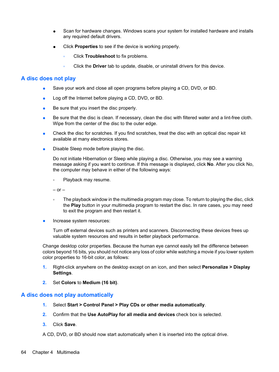 A disc does not play, A disc does not play automatically | HP ProBook 6440b Notebook-PC User Manual | Page 74 / 183