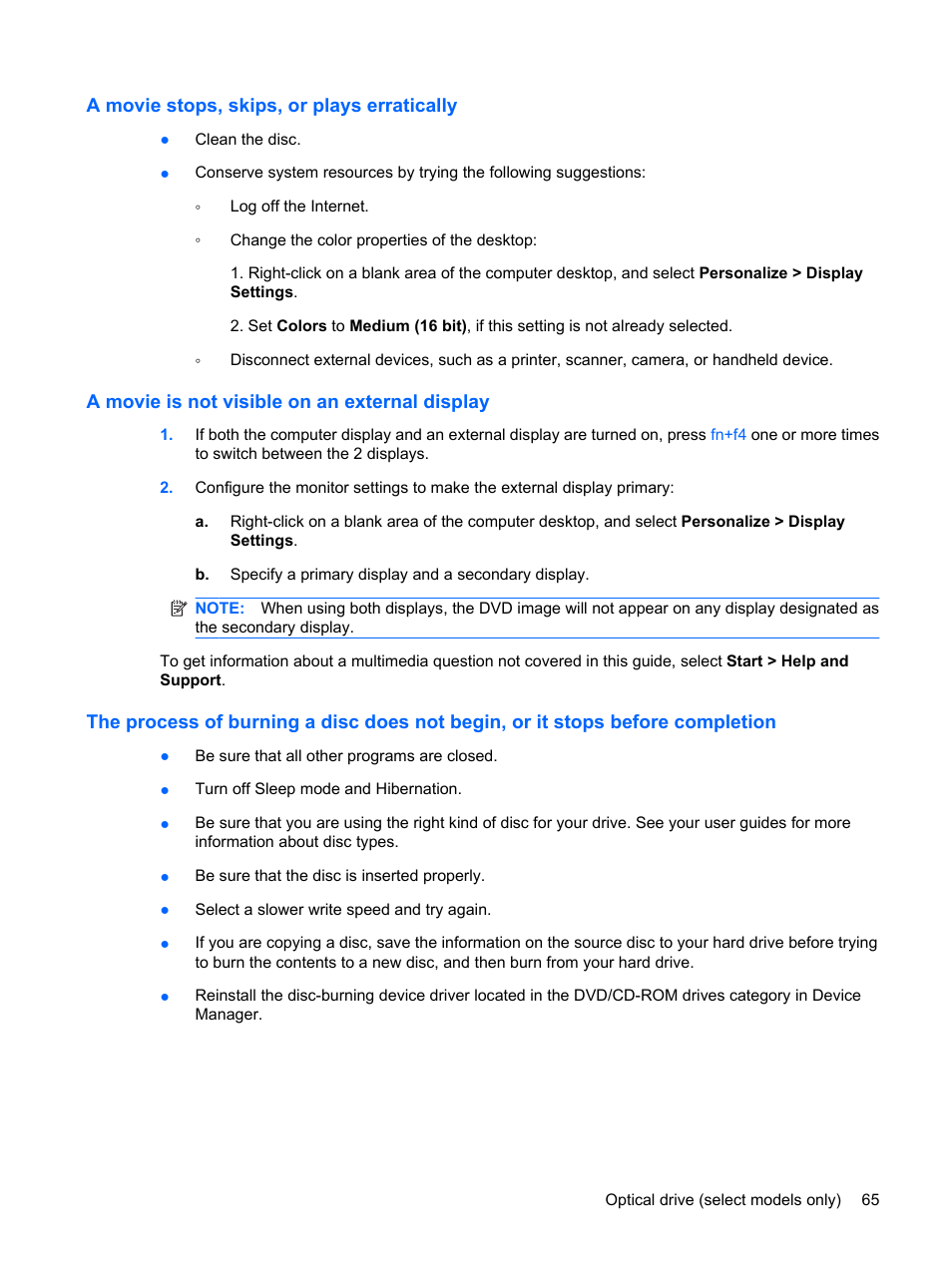 A movie stops, skips, or plays erratically, A movie is not visible on an external display | HP ProBook 6440b Notebook-PC User Manual | Page 75 / 183