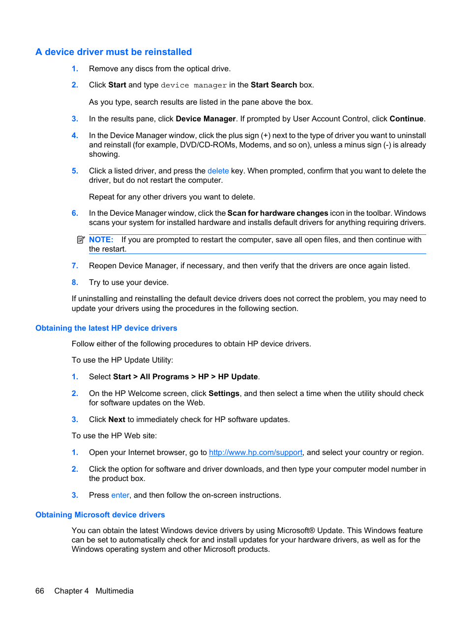 A device driver must be reinstalled, Obtaining the latest hp device drivers, Obtaining microsoft device drivers | HP ProBook 6440b Notebook-PC User Manual | Page 76 / 183