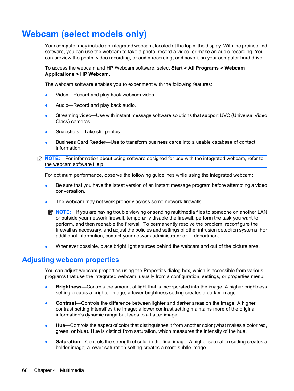 Webcam (select models only), Adjusting webcam properties | HP ProBook 6440b Notebook-PC User Manual | Page 78 / 183