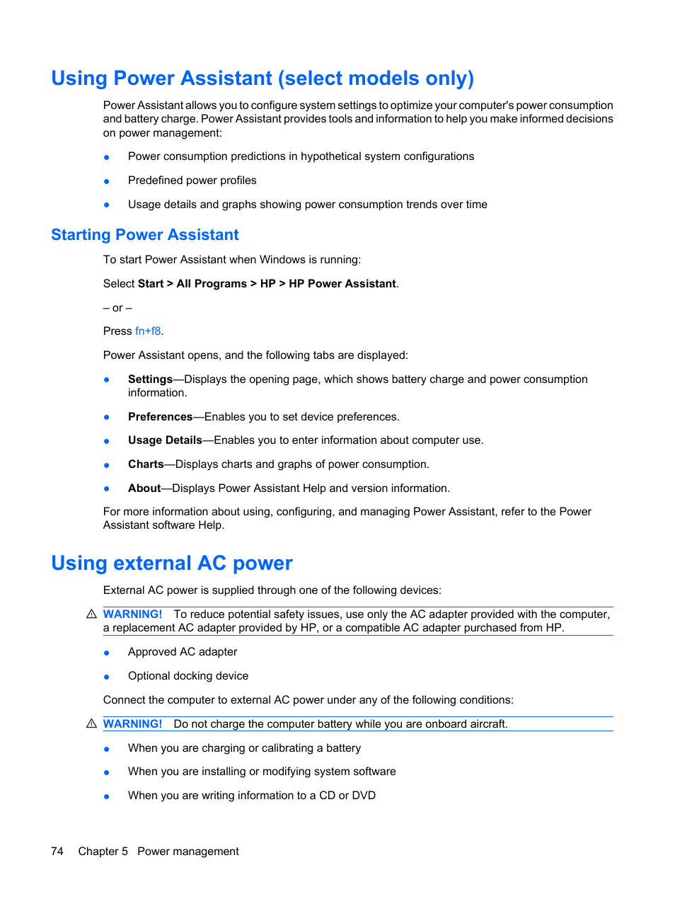 Using power assistant (select models only), Starting power assistant, Using external ac power | HP ProBook 6440b Notebook-PC User Manual | Page 84 / 183