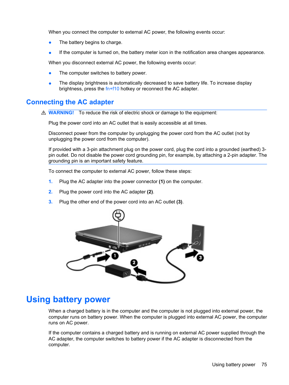 Connecting the ac adapter, Using battery power | HP ProBook 6440b Notebook-PC User Manual | Page 85 / 183