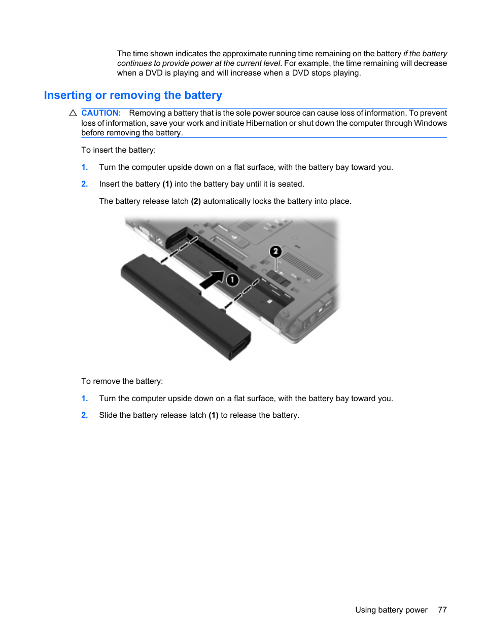 Inserting or removing the battery | HP ProBook 6440b Notebook-PC User Manual | Page 87 / 183