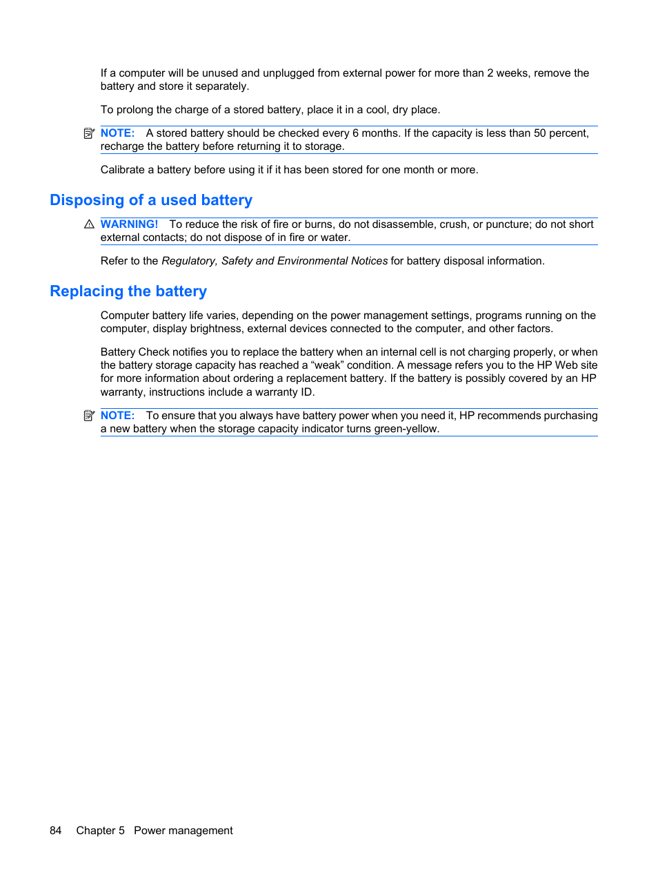Disposing of a used battery, Replacing the battery, Disposing of a used battery replacing the battery | HP ProBook 6440b Notebook-PC User Manual | Page 94 / 183