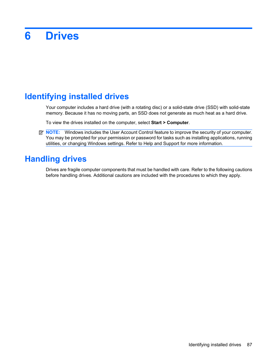 Drives, Identifying installed drives, Handling drives | 6 drives, Identifying installed drives handling drives, 6drives | HP ProBook 6440b Notebook-PC User Manual | Page 97 / 183