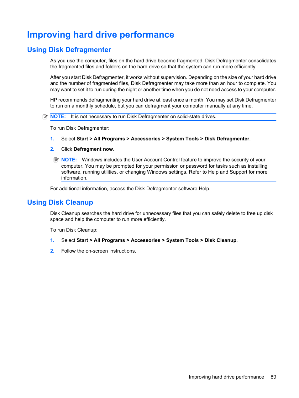 Improving hard drive performance, Using disk defragmenter, Using disk cleanup | Using disk defragmenter using disk cleanup | HP ProBook 6440b Notebook-PC User Manual | Page 99 / 183