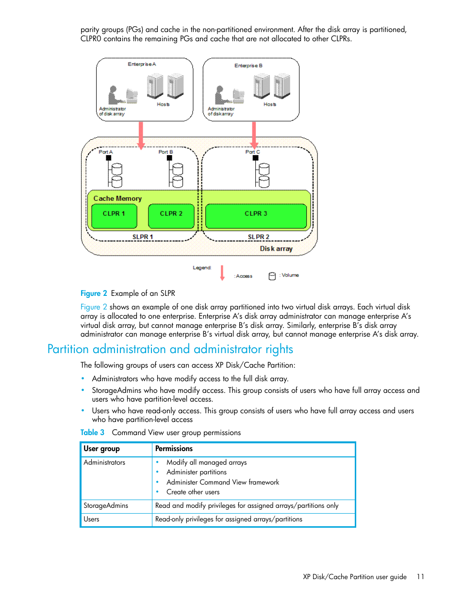 Figure 2 example of an slpr, Partition administration and administrator rights, Table 3 command view user group permissions | 2 example of an slpr, 3 command view user group permissions | HP StorageWorks XP Remote Web Console Software User Manual | Page 11 / 26