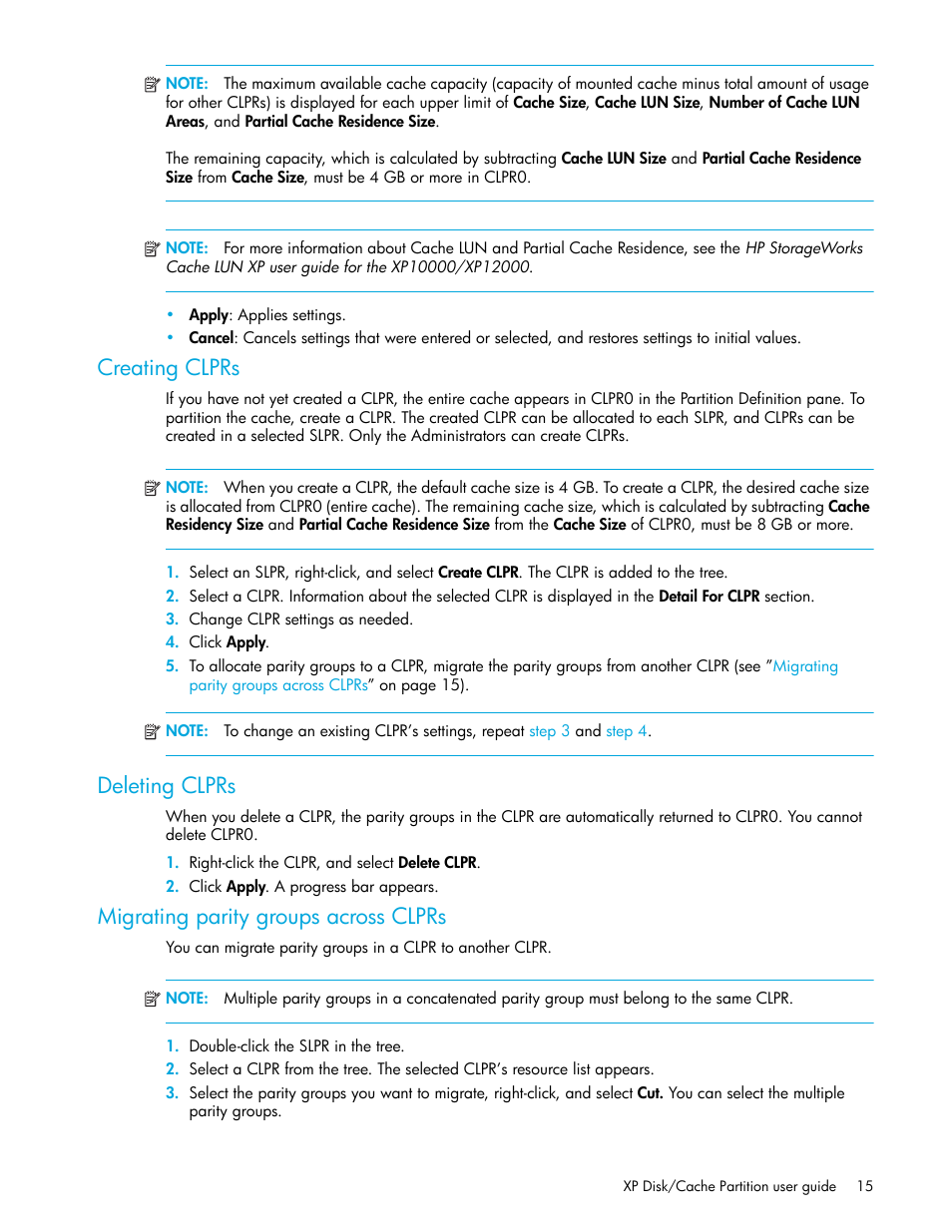 Creating clprs, Deleting clprs, Migrating parity groups across clprs | HP StorageWorks XP Remote Web Console Software User Manual | Page 15 / 26