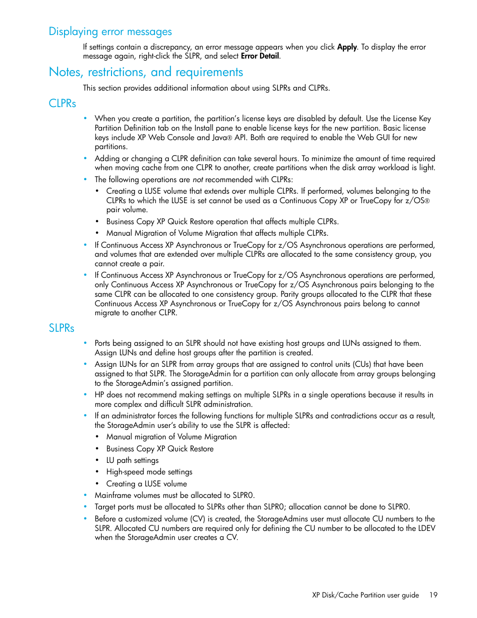 Displaying error messages, Notes, restrictions, and requirements, Clprs | Slprs | HP StorageWorks XP Remote Web Console Software User Manual | Page 19 / 26