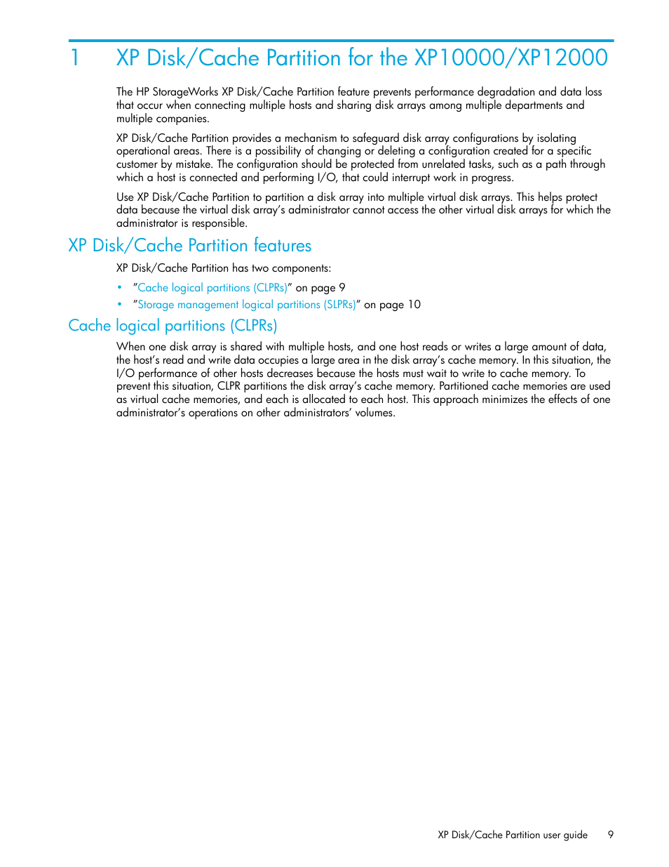 Xp disk/cache partition for the xp10000/xp12000, Xp disk/cache partition features, Cache logical partitions (clprs) | 1 xp disk/cache partition for the xp10000/xp12000 | HP StorageWorks XP Remote Web Console Software User Manual | Page 9 / 26