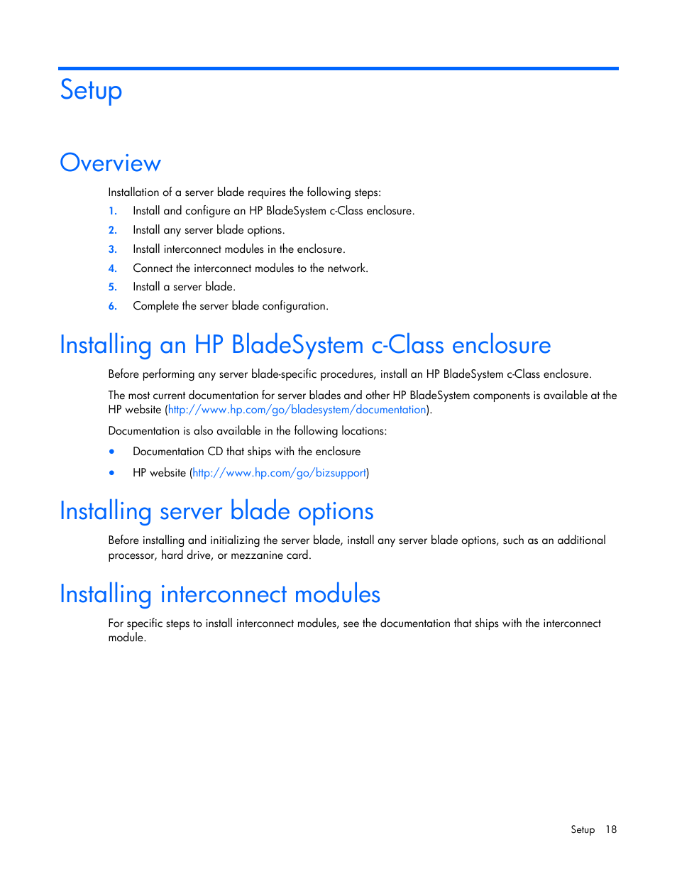 Setup, Overview, Installing an hp bladesystem c-class enclosure | Installing server blade options, Installing interconnect modules | HP ProLiant BL420c Gen8 Server Blade User Manual | Page 18 / 88
