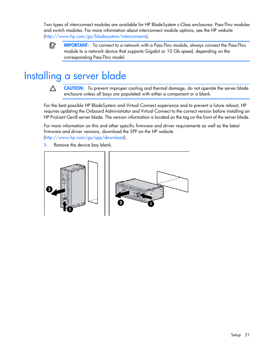 Installing a server blade | HP ProLiant BL420c Gen8 Server Blade User Manual | Page 21 / 88