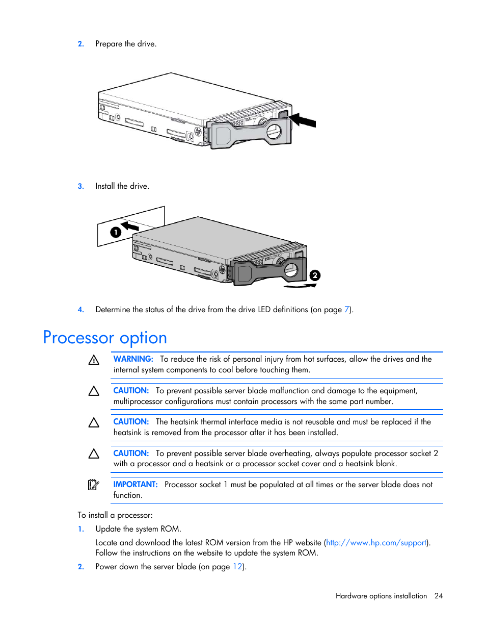 Processor option | HP ProLiant BL420c Gen8 Server Blade User Manual | Page 24 / 88