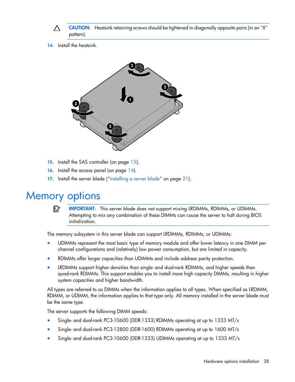 Memory options | HP ProLiant BL420c Gen8 Server Blade User Manual | Page 28 / 88