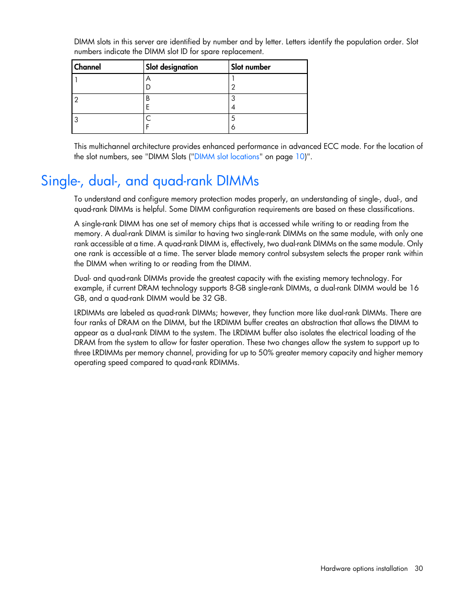 Single-, dual-, and quad-rank dimms | HP ProLiant BL420c Gen8 Server Blade User Manual | Page 30 / 88