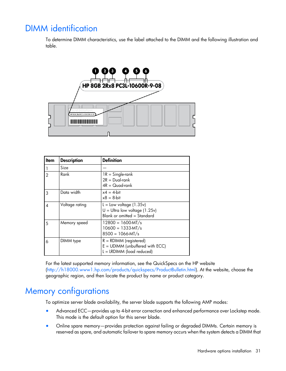 Dimm identification, Memory configurations | HP ProLiant BL420c Gen8 Server Blade User Manual | Page 31 / 88