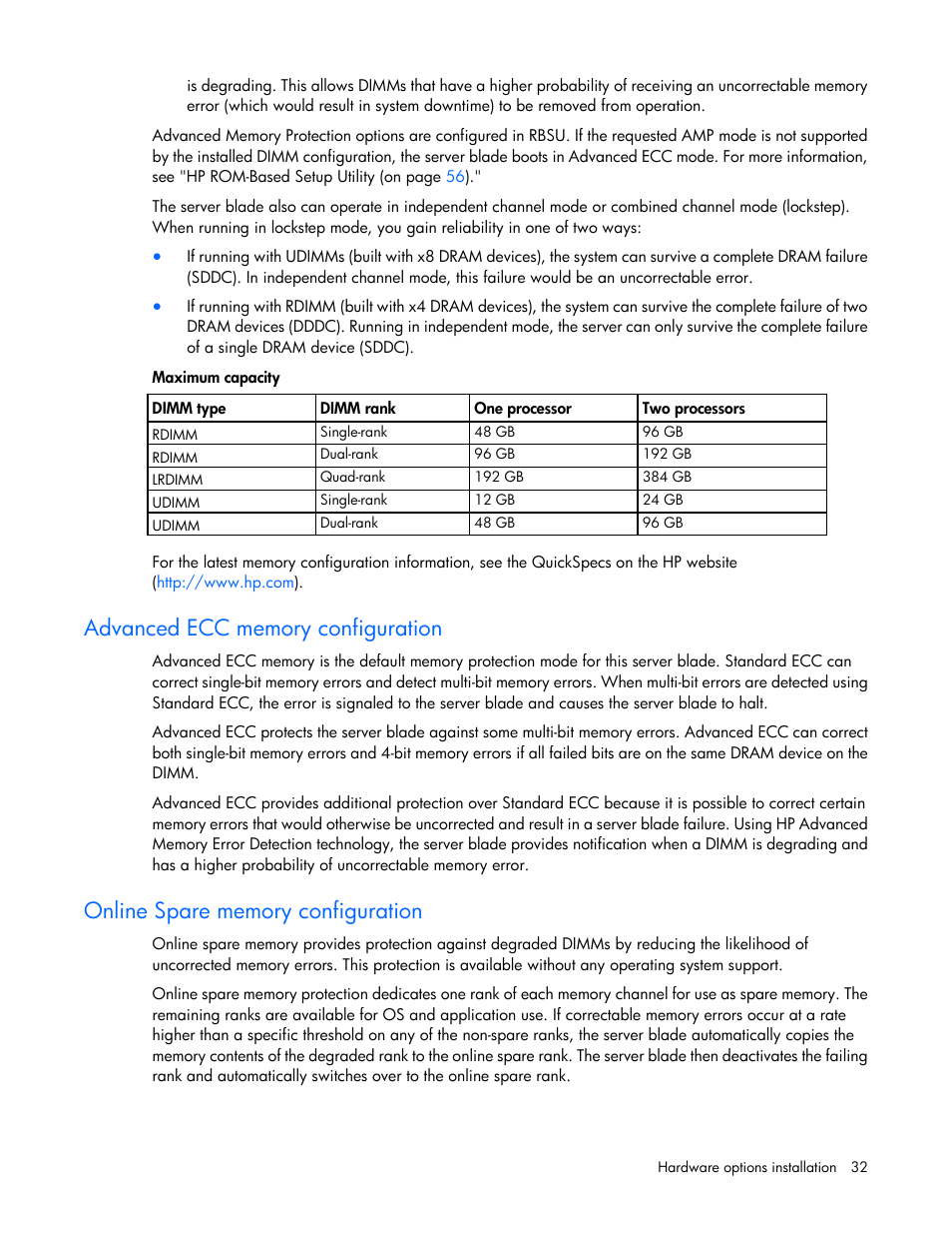 Advanced ecc memory configuration, Online spare memory configuration | HP ProLiant BL420c Gen8 Server Blade User Manual | Page 32 / 88