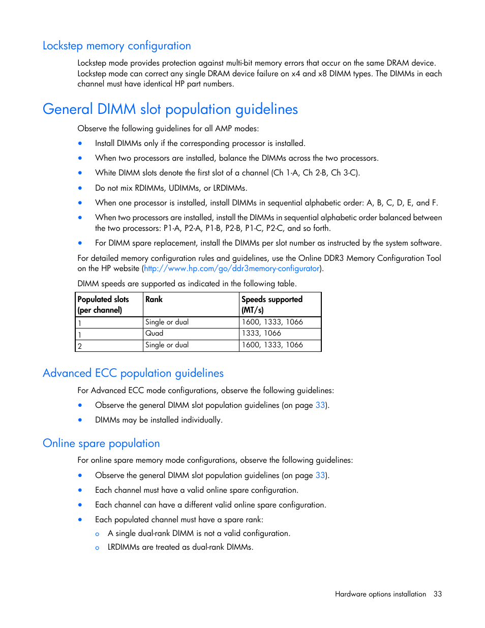 Lockstep memory configuration, General dimm slot population guidelines, Advanced ecc population guidelines | Online spare population | HP ProLiant BL420c Gen8 Server Blade User Manual | Page 33 / 88