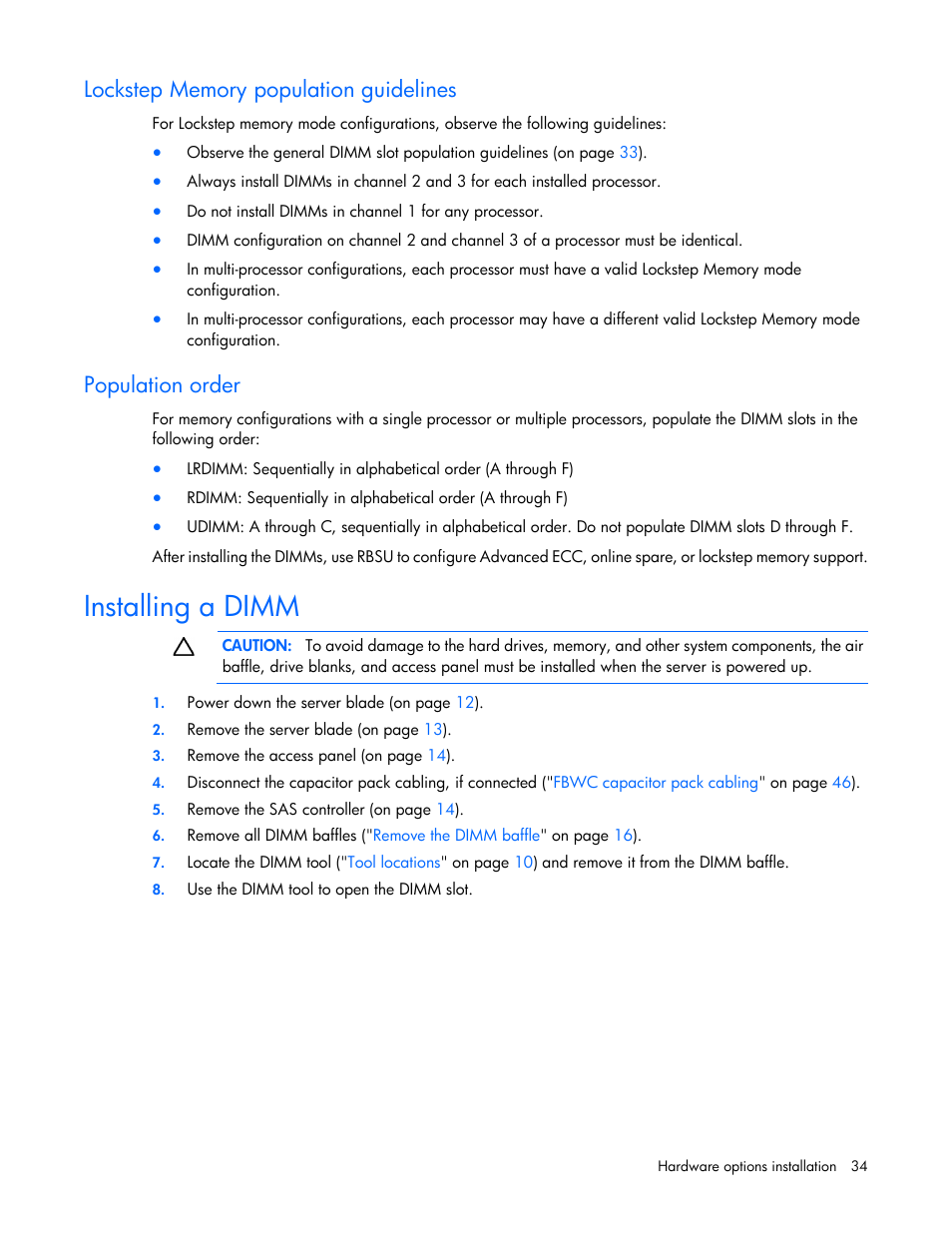 Lockstep memory population guidelines, Population order, Installing a dimm | HP ProLiant BL420c Gen8 Server Blade User Manual | Page 34 / 88