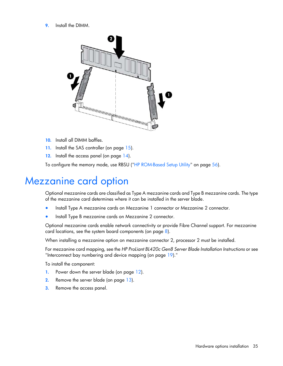 Mezzanine card option | HP ProLiant BL420c Gen8 Server Blade User Manual | Page 35 / 88