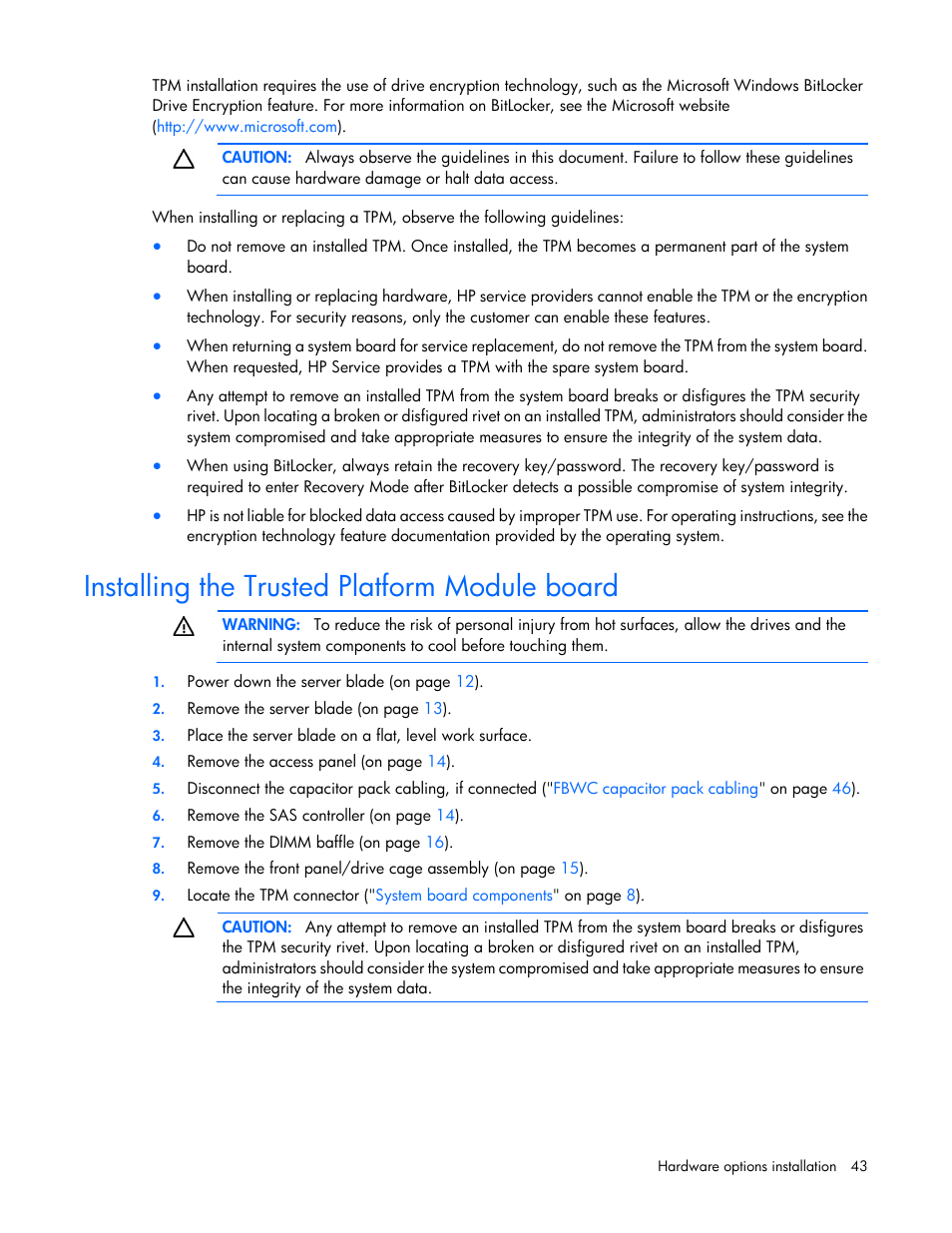 Installing the trusted platform module board | HP ProLiant BL420c Gen8 Server Blade User Manual | Page 43 / 88