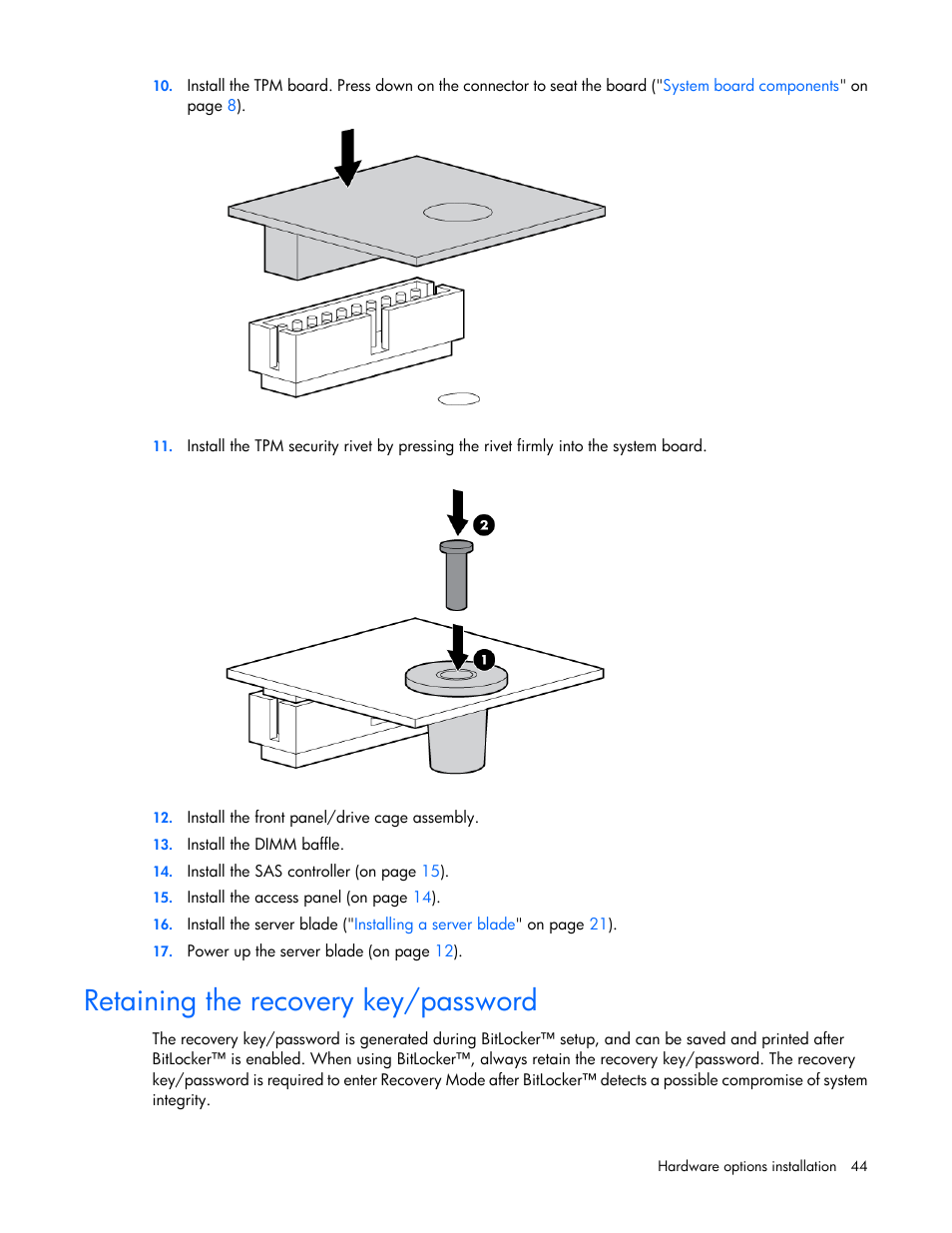 Retaining the recovery key/password | HP ProLiant BL420c Gen8 Server Blade User Manual | Page 44 / 88