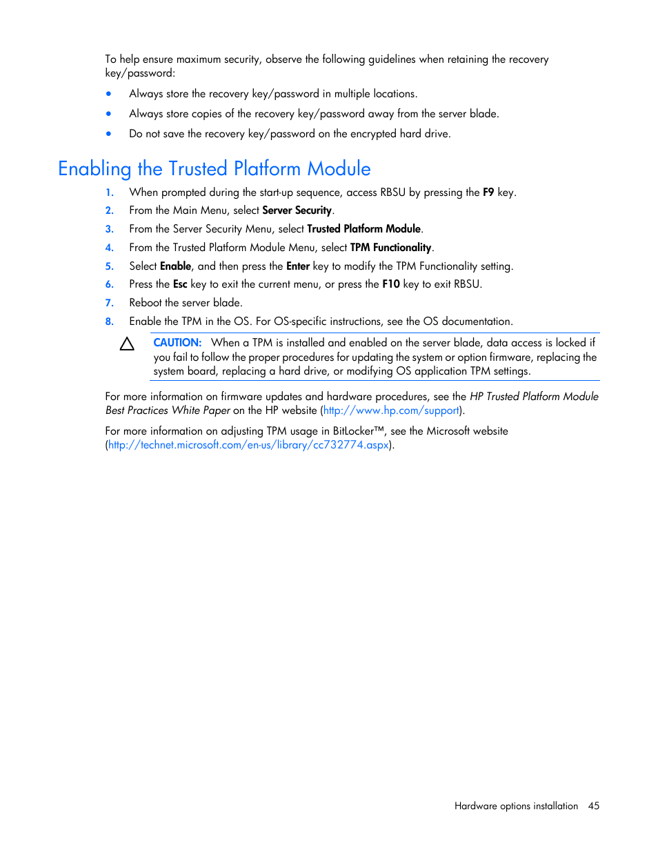 Enabling the trusted platform module | HP ProLiant BL420c Gen8 Server Blade User Manual | Page 45 / 88