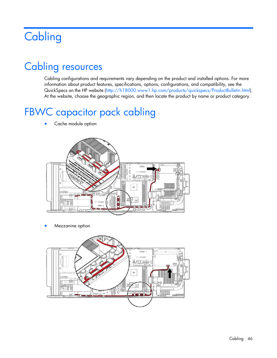 Cabling, Cabling resources, Fbwc capacitor pack cabling | HP ProLiant BL420c Gen8 Server Blade User Manual | Page 46 / 88