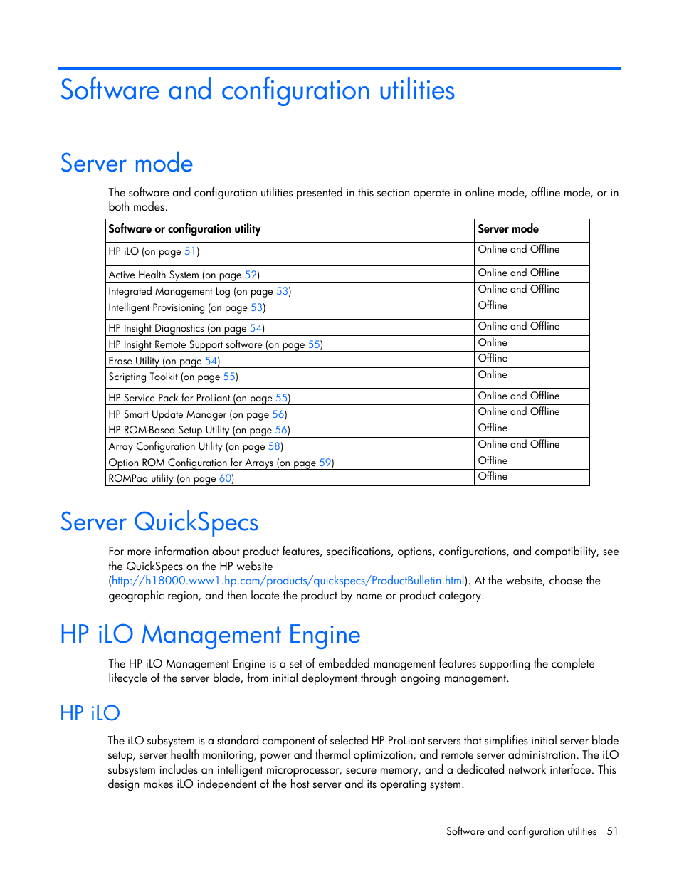 Software and configuration utilities, Server mode, Server quickspecs | Hp ilo management engine, Hp ilo | HP ProLiant BL420c Gen8 Server Blade User Manual | Page 51 / 88