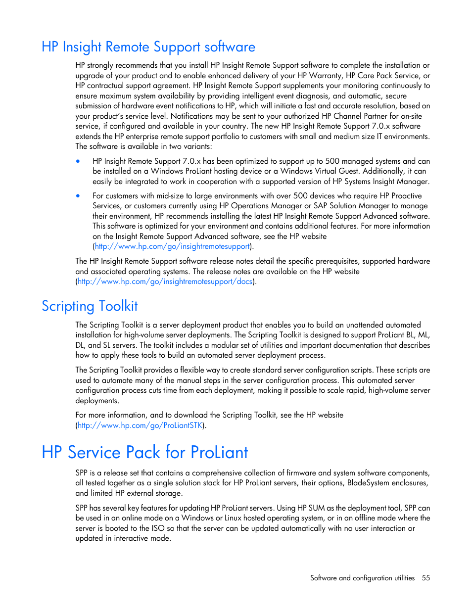 Hp insight remote support software, Scripting toolkit, Hp service pack for proliant | HP ProLiant BL420c Gen8 Server Blade User Manual | Page 55 / 88