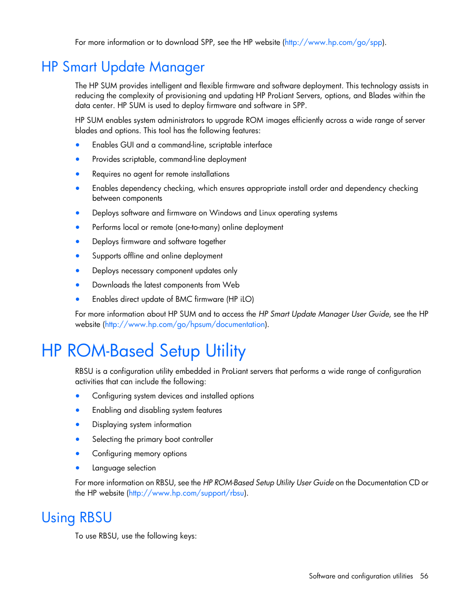 Hp smart update manager, Hp rom-based setup utility, Using rbsu | HP ProLiant BL420c Gen8 Server Blade User Manual | Page 56 / 88