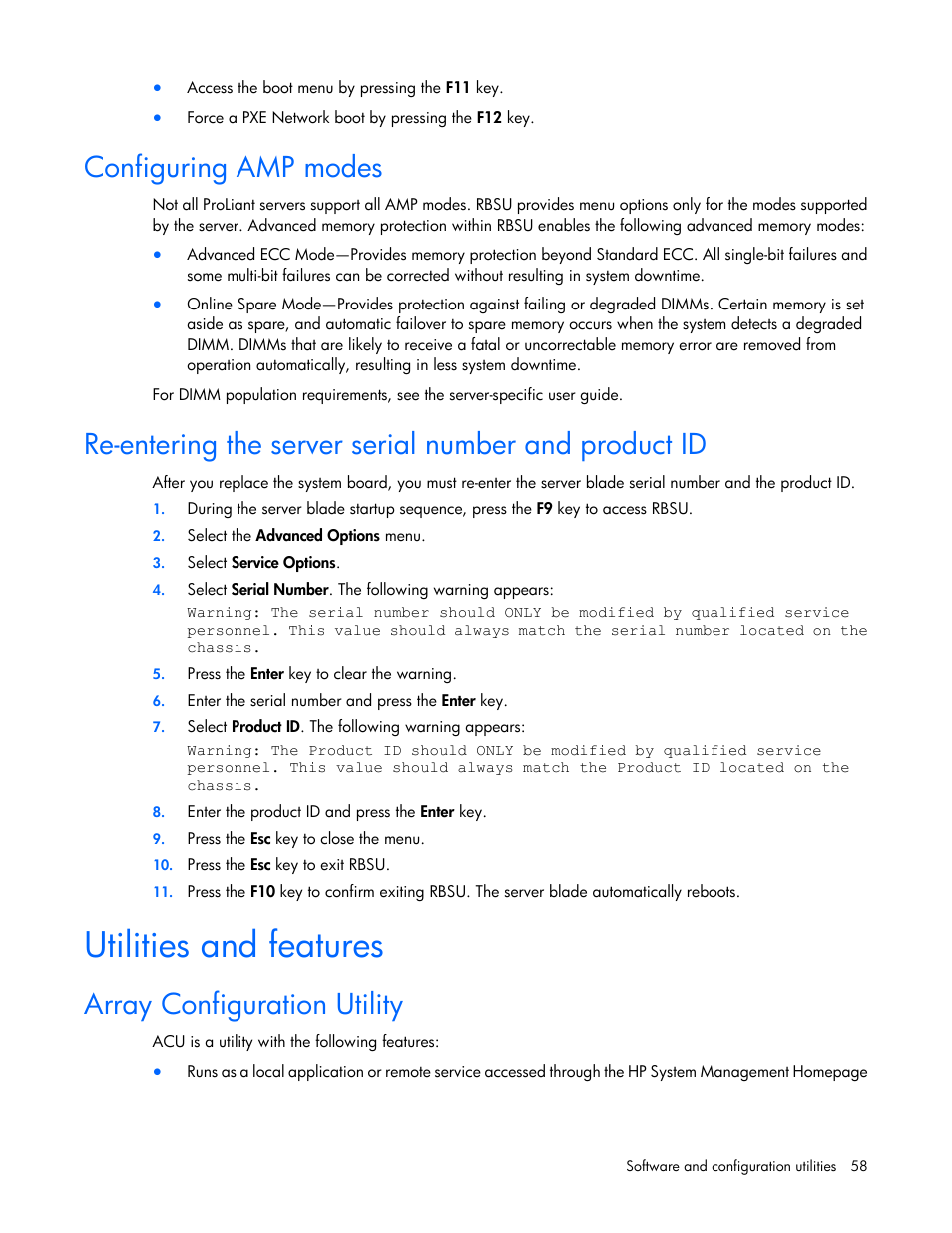 Configuring amp modes, Utilities and features, Array configuration utility | HP ProLiant BL420c Gen8 Server Blade User Manual | Page 58 / 88