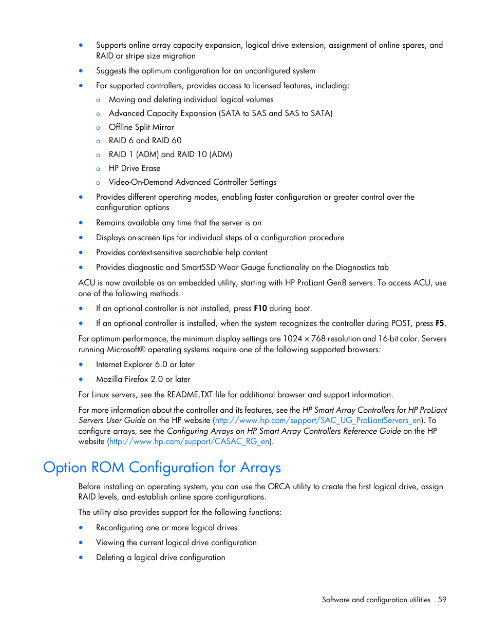 Option rom configuration for arrays | HP ProLiant BL420c Gen8 Server Blade User Manual | Page 59 / 88