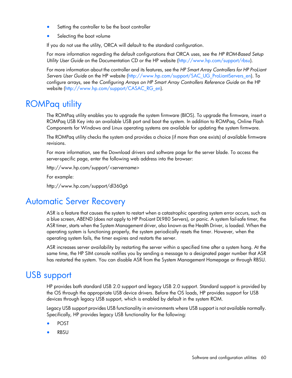 Rompaq utility, Automatic server recovery, Usb support | HP ProLiant BL420c Gen8 Server Blade User Manual | Page 60 / 88