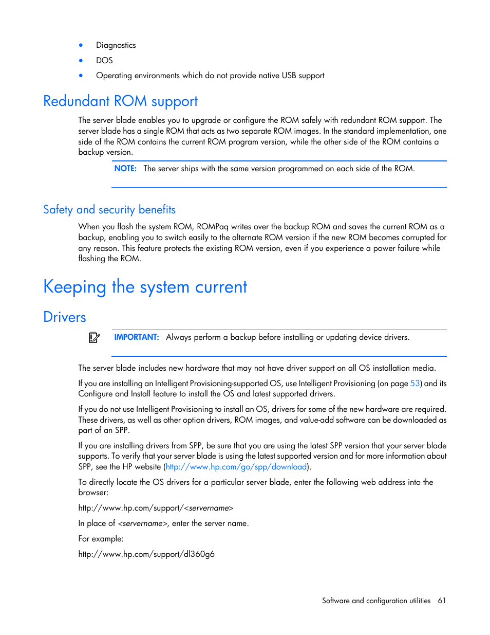 Redundant rom support, Safety and security benefits, Keeping the system current | Drivers | HP ProLiant BL420c Gen8 Server Blade User Manual | Page 61 / 88